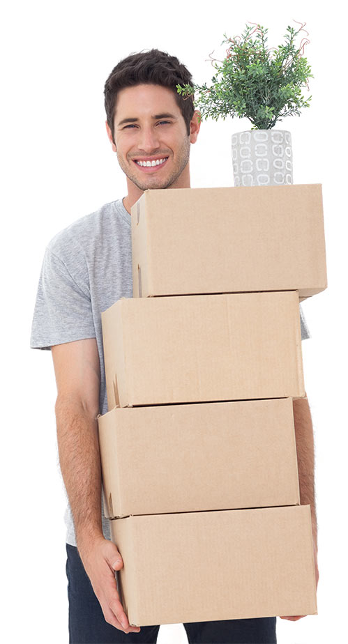 A man holding three boxes in his arms.